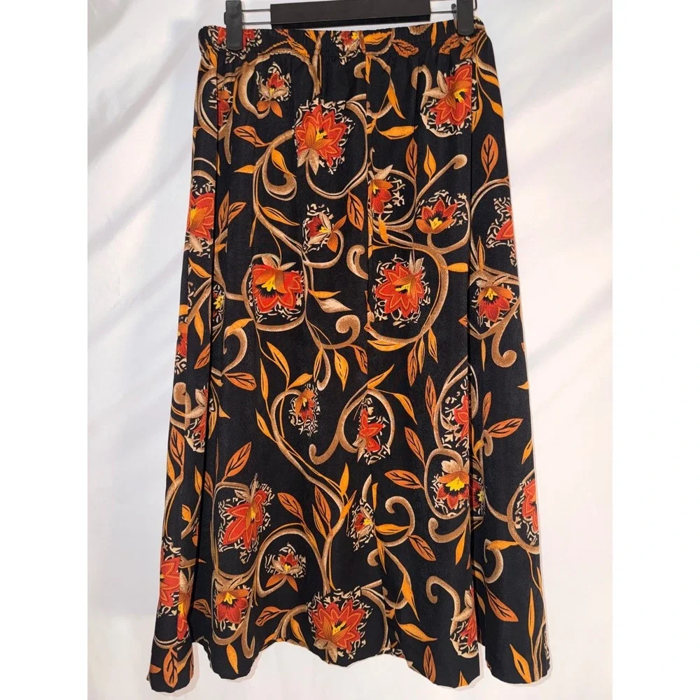 VTG Nikki Women Floral Scroll Print Midi Skirt Black Orange Elastic Waist‎ L
